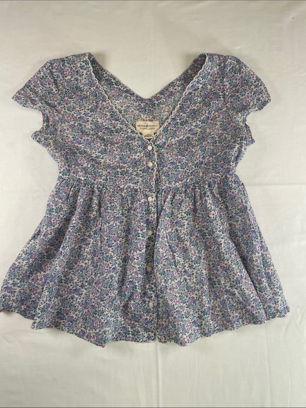 Vintage Ralph Lauren Lavender Floral Button-Front Peplum Top cotton small